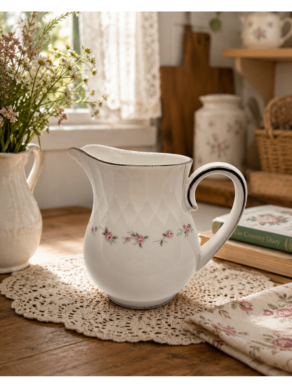 Noritake China Cheri 6352 Creamer Pitcher Vintage White Pink Floral Platinum